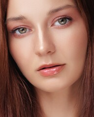 Obraz premium Close-up beauty shot of a young redhead Caucasian woman with glowing skin, glossy lips, and natural makeup. Ideal for cosmetic, skincare, or beauty industry promotions and ads.