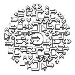 Fototapeta premium Black and white circular composition of pointer arrows on a white background in pixel style