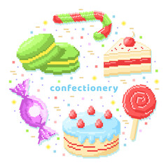 Colorful circular composition of confectionery products in pixel style