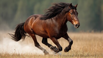 Obraz premium Powerful brown horse galloping across a field.
