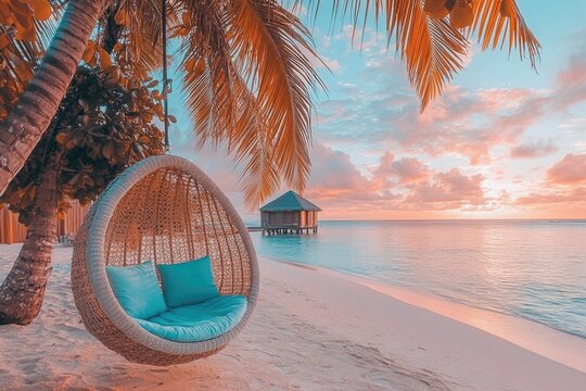 Wicker Swing Seat with Blue Cushions on Sandy Beach at Sunset. Water Villa