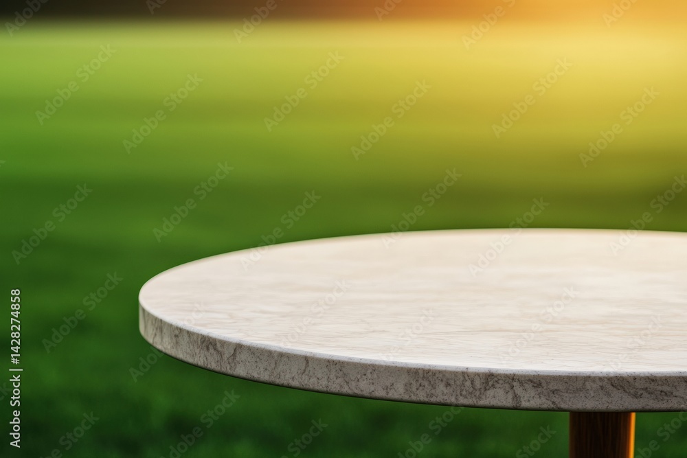 Poster Empty marble table displaying on blurred green soccer field background