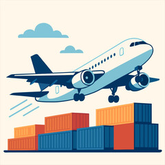 Airplane taking off with cargo containers representing air freight and global shipping