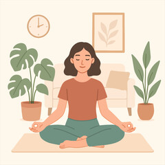 Woman meditating peacefully at home in a zen atmosphere