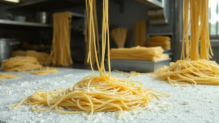 Fresh pasta strands fall onto a floured surface in a busy pasta making factory kitchen.
