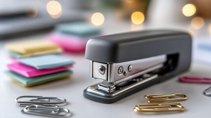 A matte black and stainless steel stapler on a white office desk with scattered papers and paperclips, captured in soft lighting with a clean, minimalistic background, modern workspace vibe.