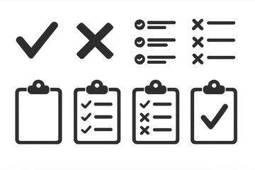 Icon Set of Check Marks and Crosses with Clipboard Illustrations
