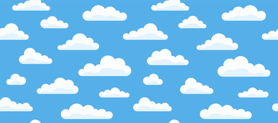Vector seamless pattern of white clouds on blue sky. Clouds background for flat design
