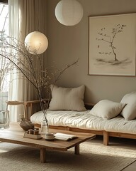 Minimal Japandi Dining Room with Natural Wood Accents, Modern Japandi dining room interior with empty wall , dining table and chairs , pendant light , decor , 3d rendering