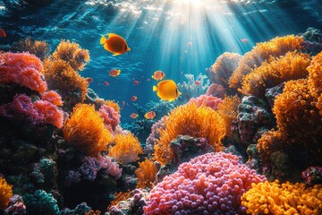 Obraz premium Colorful coral reef with tropical fish swimming in the ocean