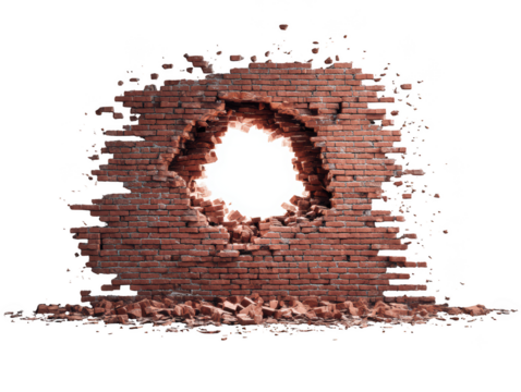 Broken brick wall hole light background texture design image 3d red dark on transparent background