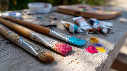 Obraz premium A painter’s palette with vivid oil paint smears and worn paintbrushes rests on a rustic table, bathed in natural light. The scene captures a creative mess, evoking an artistic and inspiring atmosphere