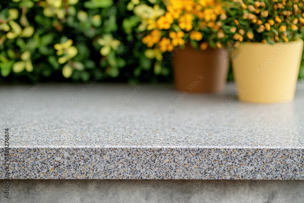 Aufkleber empty stone countertop with blurred wildflower meadow background