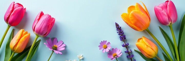 Naklejka premium Spring tulips, daisies and lavender flat lay with copy space, vibrant, seasonal