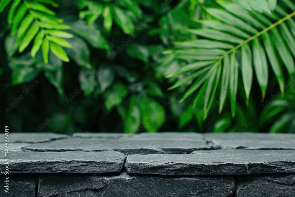 Poster empty stone surface displaying products with blurred green jungle backdrop