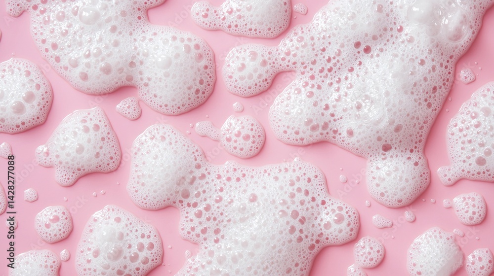 Poster soft, fluffy foam dances across a pastel pink background, forming delicate bubbles that capture the 