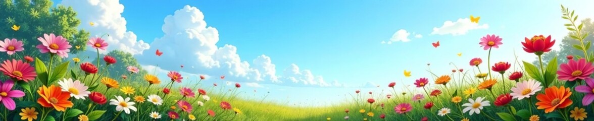 Fototapeta premium Tranquil garden scene with blue sky, colorful flowers, serene atmosphere, flowers, sky