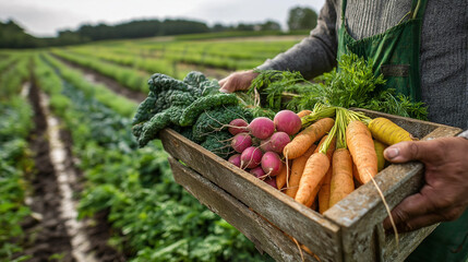 Bountiful Organic Harvest in a Rural Farm with Fresh Carrots, Radishes, and Kale