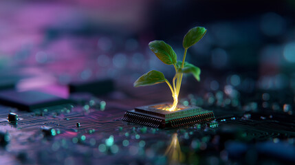 Digital Agriculture: A Plant Growing from a Microchip Symbolizing the Fusion of Nature and Technology