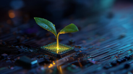 Futuristic Farming Concept: A Green Plant Growing from a Glowing Microchip on a Circuit Board
