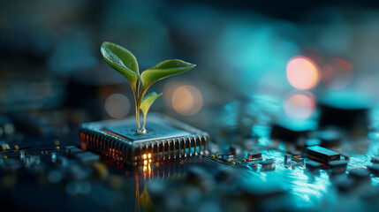 Smart Growth: A Young Plant Sprouting from a Microchip in a Symbolic Blend of Nature and High Technology