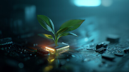 Green Technology Concept: A Lush Plant Emerging from a Glowing Microchip in a Futuristic Agricultural Scene