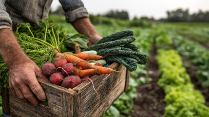 Freshly Harvested Organic Vegetables in a Wooden Crate on a Sustainable Farm Field