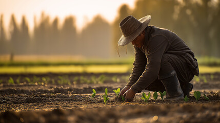 Sunset Farming: A Farmer Planting Seedlings in Neat Rows Under a Golden Sky