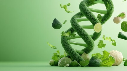 Una visualizzazione minimalista di un'elica di DNA realizzata con elementi di cibo sano, verdure e frutta, che enfatizzano la nutrizione e la creatività nella dieta