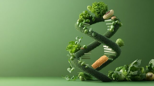 DNA composto da verdure, simboleggiando la connessione tra natura e genetica.