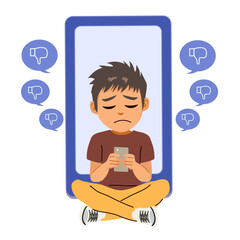 Cartoon illustration of a sad teenage boy holding a smartphone while floating thumbs down balloons surround him, symbolizing negative online comments. A visual metaphor for cyberbullying