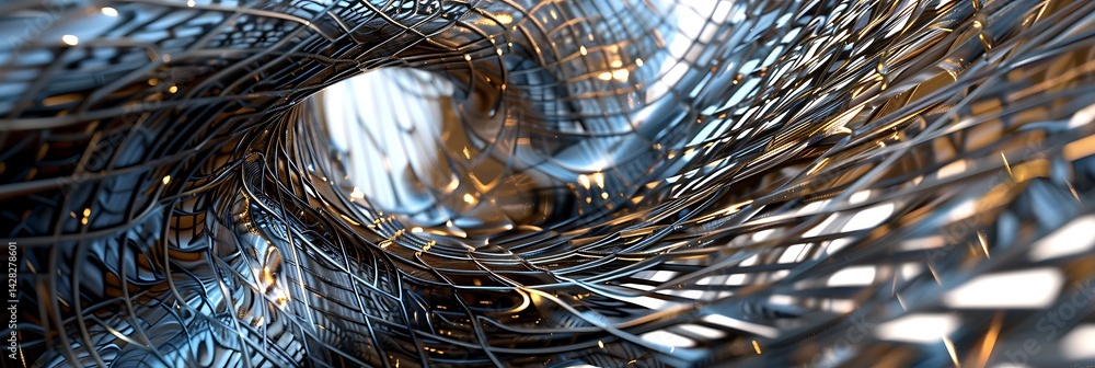 Poster perspective view through a swirling tunnel constructed from complex interwoven metallic wire mesh. a