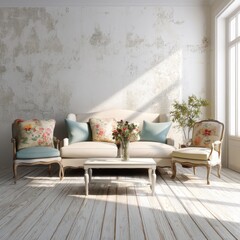 Elegant Vintage Living Room with Floral Decor, Cozy Chairs and a Serene Ambiance Perfect for Home Interior Design, Relaxation, or Photography
