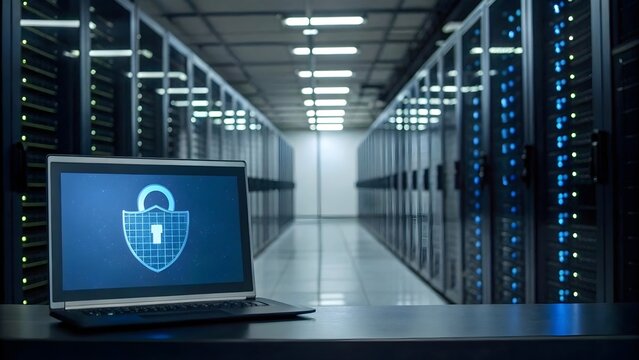 Laptop with digital lock screen in data center. Cybersecurity and digital protection concept. Technology security theme. Design for banner, poster, wallpaper, print