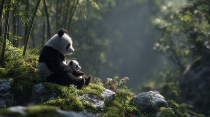 Obraz premium Gentle giant panda and cub nestled in mossy forest.