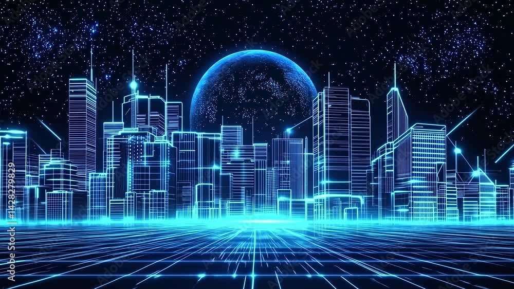 Poster digital city skyline with illuminated wireframe buildings and glowing grid surface with planet and s