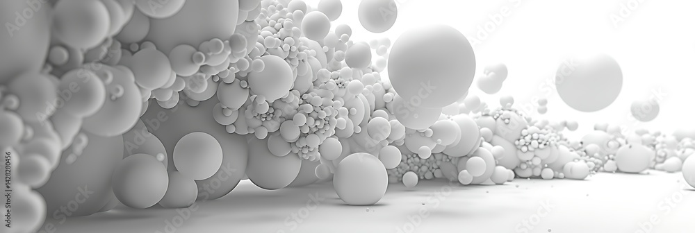 Poster abstract background with a cluster of white spheres or particles of varying sizes. minimalist concep
