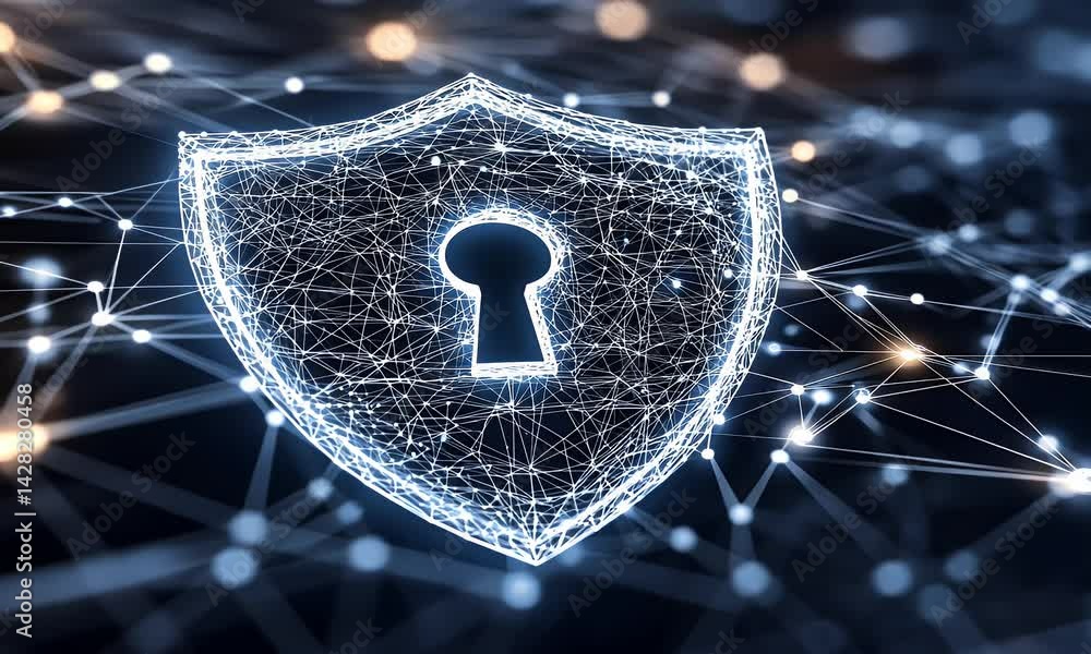 Poster abstract shield with a keyhole symbol and digital network connections on a dark blue background, rep
