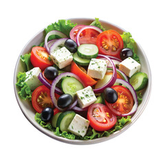 Realistic Greek salad with feta cheese, olives, cucumber, tomato, and red onion, PNG file for mock-up.