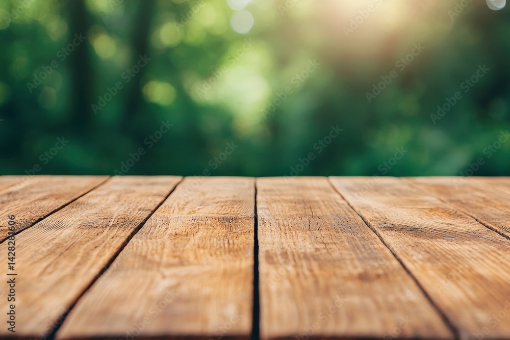 Poster empty wooden table with blurry green forest background for product placement