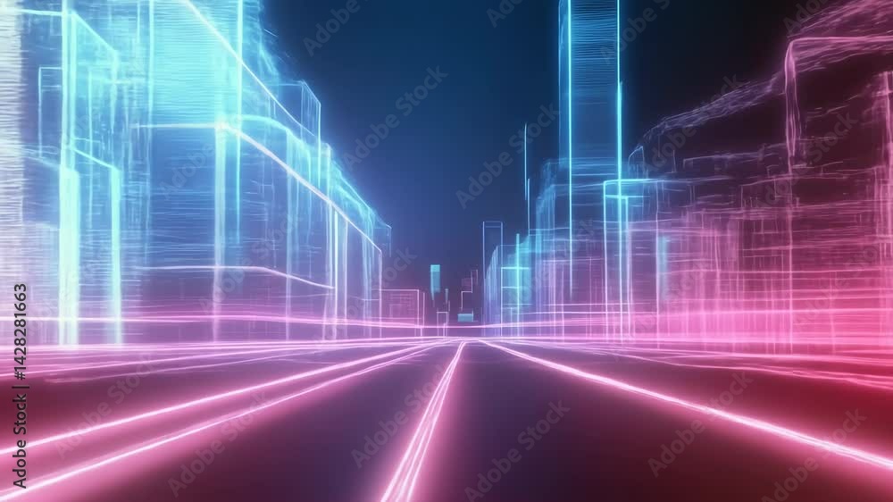Poster futuristic cityscape with geometric lines and glowing neon lights. digital city wireframe animation 
