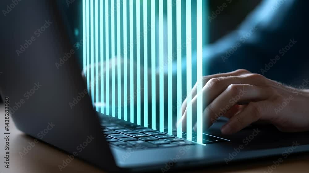 Poster glowing bar graph on laptop keyboard. business growth chart with upward arrow animation. digital dat