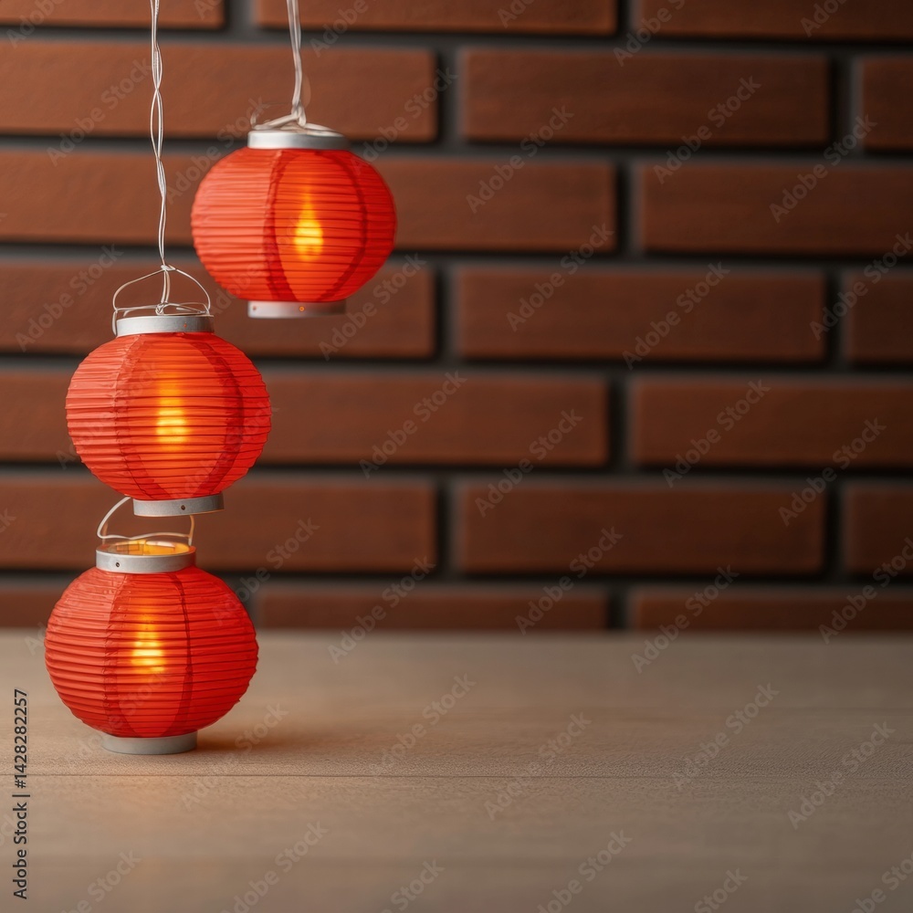 Poster three red lanterns elegantly hanging from a string creating a festive and colorful atmosphere