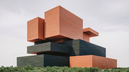 Modern architectural wonder with cubist forms in orange and dark grey, rising from the green shrubbery against a bright sky backdrop.