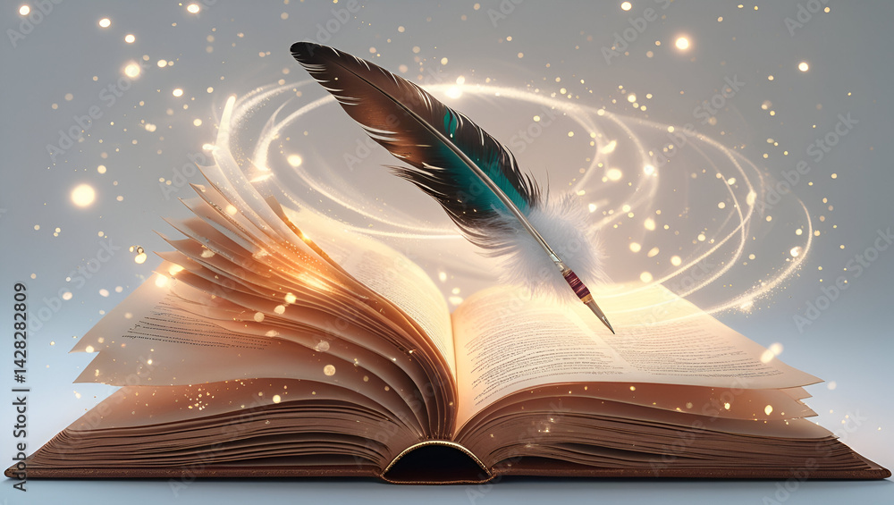 Poster magical book with open pages and abstract lights concept of education and learning concept