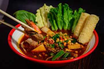 Mala hot pot with spices and herbs, hot and spicy