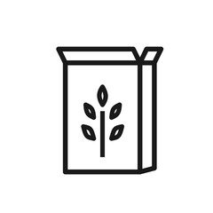 Opened cereal box with a grain symbol icon in line style. Granola, muesli, flakes paper packaging. Editable stroke. Breakfast food pictogram for web design, grocery app, logo. Vector illustration