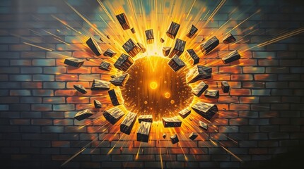 Explosive Breakthrough: Bricks shatter in fiery burst, revealing bright energy source, symbolizing progress and new beginnings.
