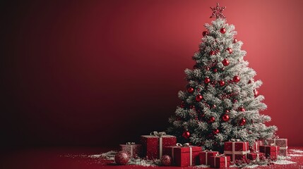 Crimson Christmas d?cor features a snow-dusted tree and presents.