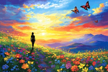 Woman Walks Sunset Flower Field.